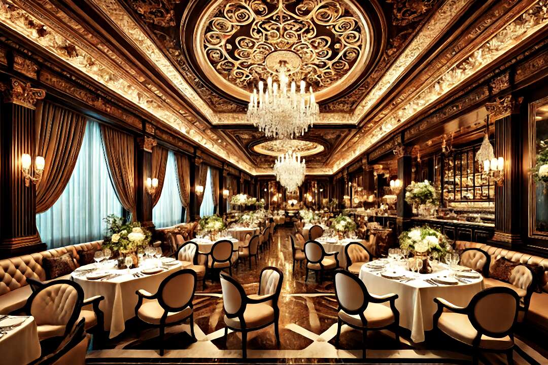 The main dining room: gilded ceiling, crystal chandeliers and white-clothed tables set for evening service.